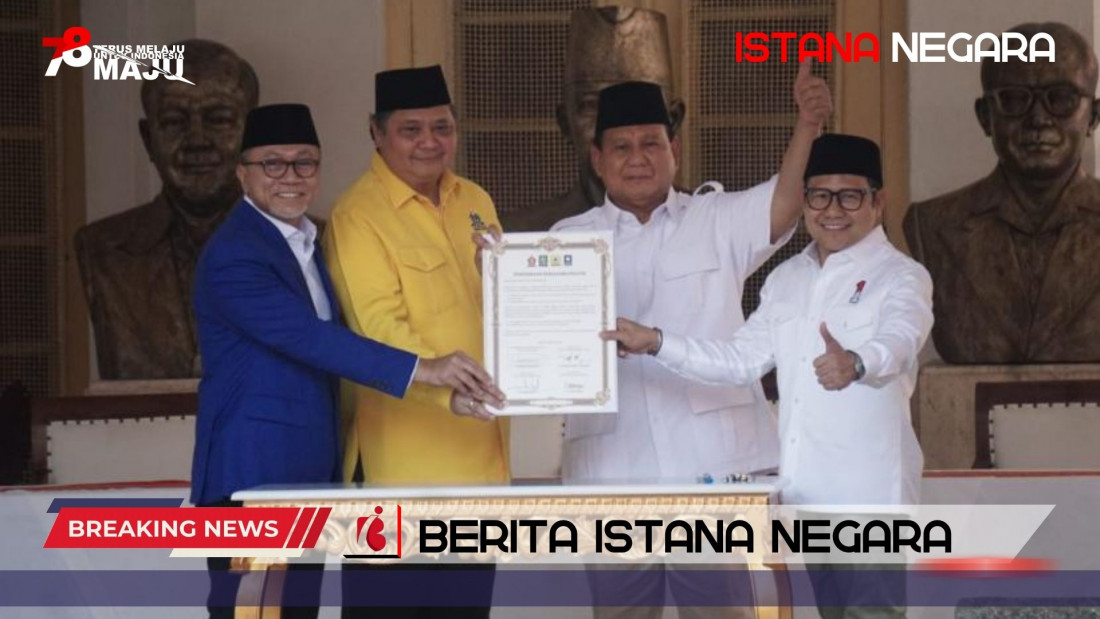 Ketua Umum Partai Gerindra Prabowo Subianto bersama Ketua Umum Partai PAN Zulkifli Hasan, Ketua Umum Partai Golkar Airlangga Hartarto dan Ketua Umum PKB Muhaimin Iskandar di Museum Proklamasi, Jakarta.